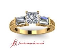 This antique diamond engagement ring features 2 tapered baguettes total weight 0.90 ct tapered baguettes are bar-channel set to frame your choice of center diamond. Available in platinum and yellow gold.